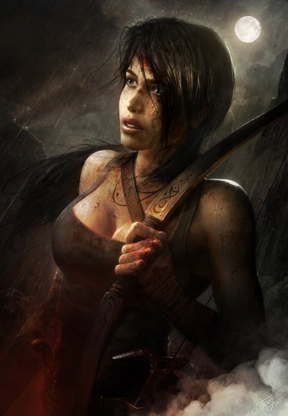 Anime picture 3090x4462 with tomb raider lara croft tamplierpainter single long hair tall image highres black hair brown eyes looking away absurdres lips realistic night rain girl weapon moon blood bandage (bandages)