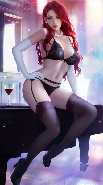 Anime picture 3900x7000 with league of legends miss fortune (league of legends) wickellia single long hair tall image looking at viewer fringe highres breasts light erotic large breasts sitting green eyes absurdres full body bent knee (knees) red hair lips realistic