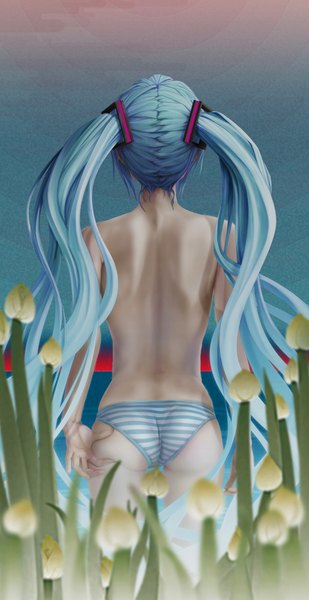 Anime picture 1000x1938 with vocaloid hatsune miku pi (pppppchang) single long hair tall image highres light erotic twintails sky ass very long hair from behind realistic aqua hair underwear only back topless bare back girl