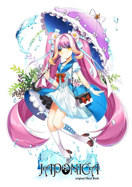 Anime picture 1000x1422 with original roh nam kyung single tall image looking at viewer twintails purple hair very long hair multicolored hair hair flower two-tone hair orange eyes girl dress gloves hair ornament flower (flowers) bow ribbon (ribbons) hair ribbon