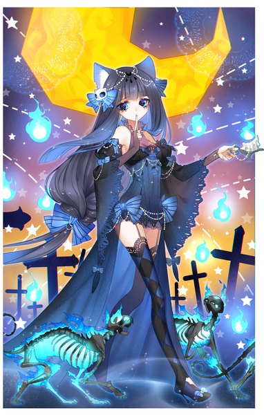 Anime picture 637x1000 with little witch katy sptuel single long hair tall image fringe blue eyes animal ears blunt bangs grey hair cat ears night wide sleeves turning head border finger to mouth walking crescent skeleton girl
