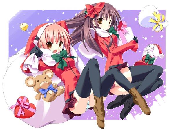 Anime picture 1600x1200 with sakura musubi cuffs (studio) akino momiji sera karen kannagi rei long hair looking at viewer short hair open mouth light erotic brown hair multiple girls pink hair orange eyes pantyshot christmas pantyshot sitting framed girl thighhighs