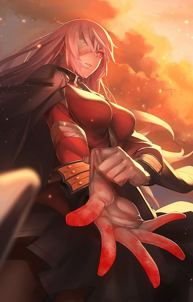 Anime picture 692x1080 with fate (series) fate/grand order florence nightingale (fate) tef single long hair tall image fringe breasts black hair large breasts standing payot looking away pink hair sky cloud (clouds) parted lips pink eyes from below