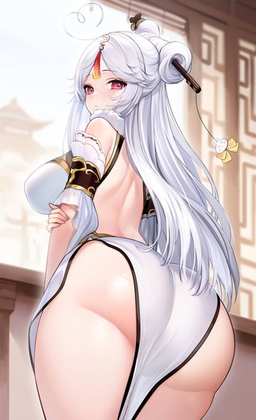 Anime picture 2400x3939 with genshin impact niliu chahui ningguang (genshin impact) tokisaki mio single long hair tall image looking at viewer fringe highres breasts light erotic red eyes large breasts standing ahoge ass white hair traditional clothes looking back