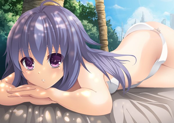 Anime picture 1227x867 with original riburanomind single long hair looking at viewer blush light erotic purple eyes blue hair girl swimsuit bikini