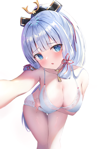 Anime picture 2100x3150 with genshin impact kamisato ayaka mihasu single long hair tall image looking at viewer blush fringe highres breasts open mouth blue eyes light erotic simple background large breasts standing white background silver hair ponytail
