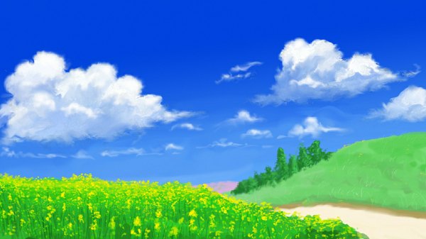 Anime picture 1024x576 with original yuraui wide image sky cloud (clouds) no people flower (flowers) plant (plants) tree (trees) grass path