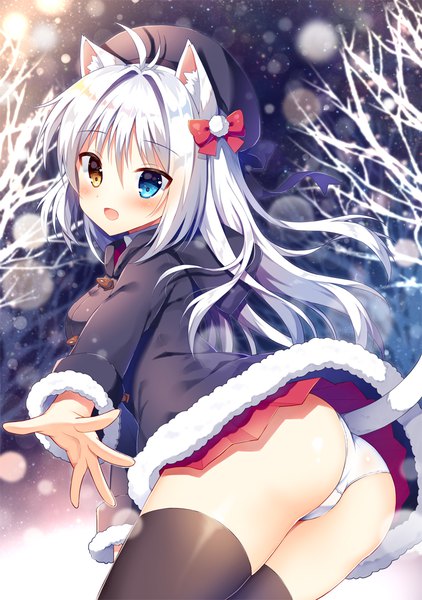 Anime-Bild 800x1137 mit original aina rive mauve single long hair tall image looking at viewer blush fringe breasts open mouth blue eyes light erotic hair between eyes standing animal ears yellow eyes silver hair ahoge outdoors