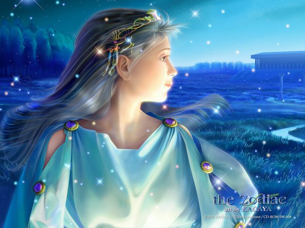 Anime picture 1600x1200 with kagaya single long hair looking away silver hair realistic night night sky landscape river 3d zodiac virgo (zodiac) girl hair ornament star (stars)