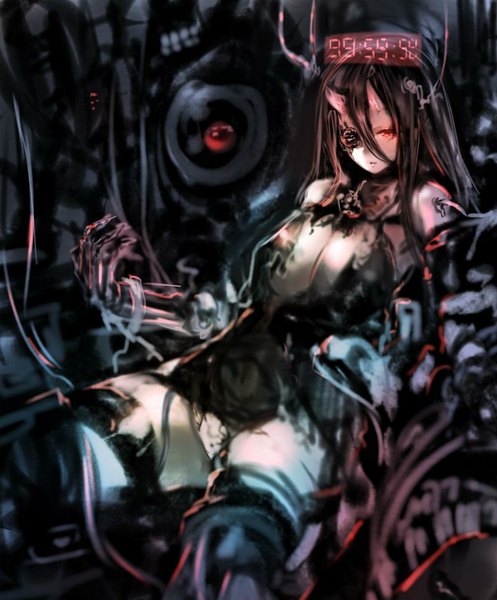 Anime picture 800x965 with kantai collection battleship-symbiotic hime sumisu (mondo) single long hair tall image breasts light erotic black hair hair between eyes red eyes large breasts horn (horns) shinkaisei-kan damage girl dress underwear panties black dress