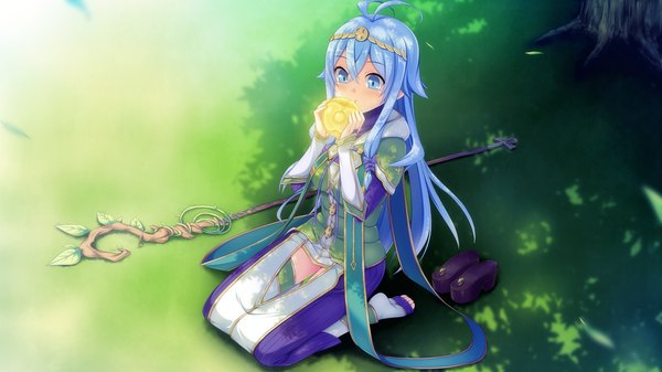 Anime picture 1280x720 with tentacle lord (game) tel-o single long hair blue eyes wide image blue hair game cg ahoge eating girl plant (plants) grass