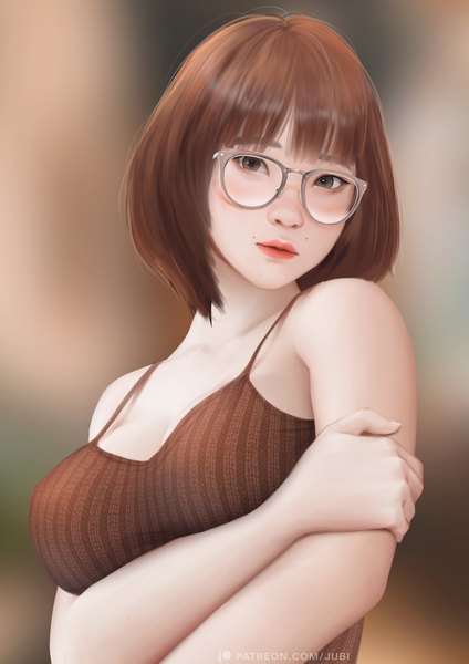 Anime picture 2480x3508 with original jubi (regiana) single tall image looking at viewer fringe highres short hair breasts brown hair large breasts bare shoulders brown eyes signed blunt bangs blurry realistic mole lipstick red lipstick