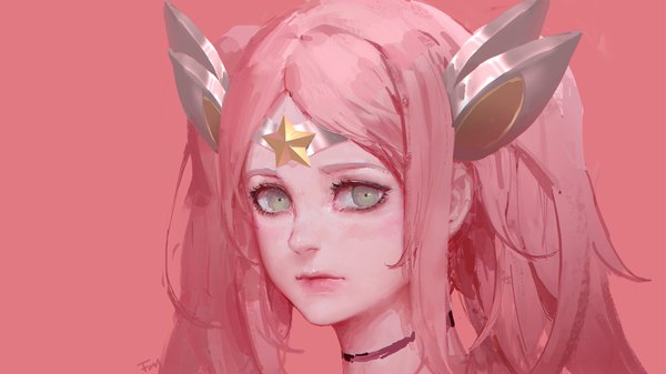 Anime picture 1600x900 with league of legends lux (league of legends) star guardian lux fom (lifotai) single long hair looking at viewer wide image twintails signed pink hair aqua eyes lips pink background girl star (symbol) headband