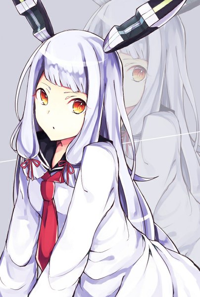 Anime picture 564x836 with kantai collection murakumo destroyer yuusei tsukiro ( artist ) single long hair tall image looking at viewer fringe breasts white hair parted lips head tilt :o orange eyes zoom layer tress ribbon girl ribbon (ribbons) hair ribbon necktie