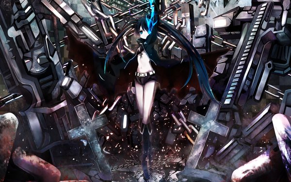 Anime picture 1920x1200 with black rock shooter vocaloid kuroi mato highres blue eyes black hair wide image girl