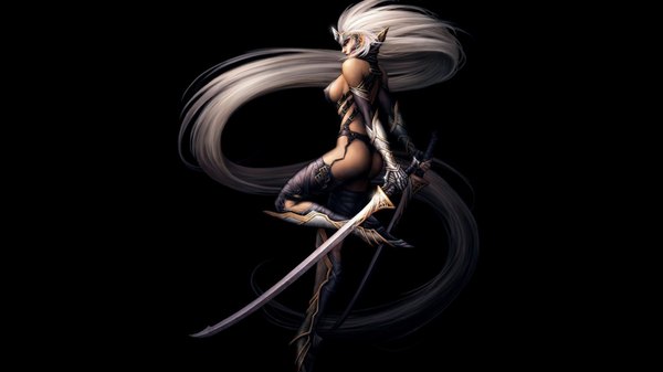 Anime picture 1600x900 with tagme (artist) single simple background wide image white hair very long hair black background elf 3d girl gloves weapon sword armor thigh boots