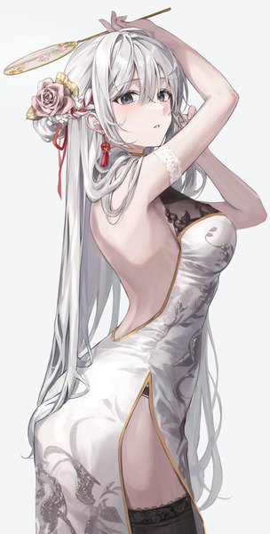 Anime picture 1550x3062 with original ekina (1217) single long hair tall image looking at viewer blush fringe breasts light erotic simple background hair between eyes large breasts standing white background holding silver hair braid (braids) traditional clothes parted lips