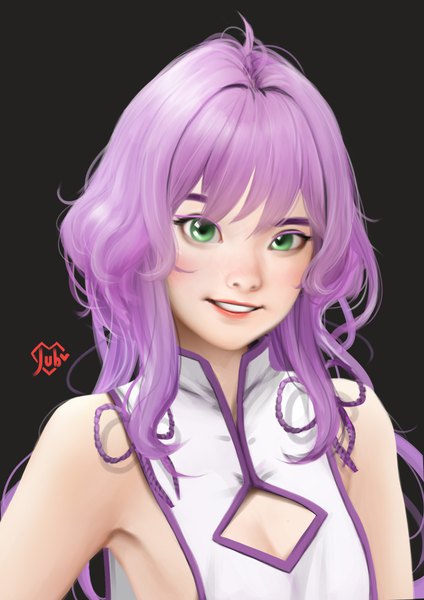 Anime picture 1920x2716 with original isabelle (acerailgun) jubi (regiana) single long hair tall image looking at viewer highres simple background smile green eyes signed purple hair parted lips sleeveless dark background cleavage cutout girl
