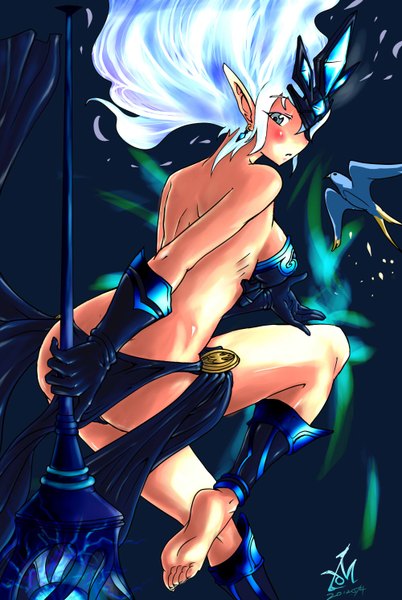 Anime picture 1000x1492 with league of legends janna windforce alun (artist) single long hair tall image looking at viewer blush light erotic silver hair barefoot pointy ears grey eyes girl gloves earrings animal elbow gloves bird (birds) staff