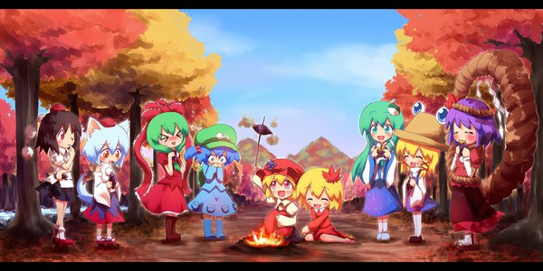 Anime-Bild 2000x1000 mit touhou mountain of faith kochiya sanae shameimaru aya inubashiri momiji moriya suwako kagiyama hina kawashiro nitori yasaka kanako aki minoriko aki shizuha ayakashi (monkeypanch) long hair blush highres short hair blue eyes blonde hair red eyes brown hair