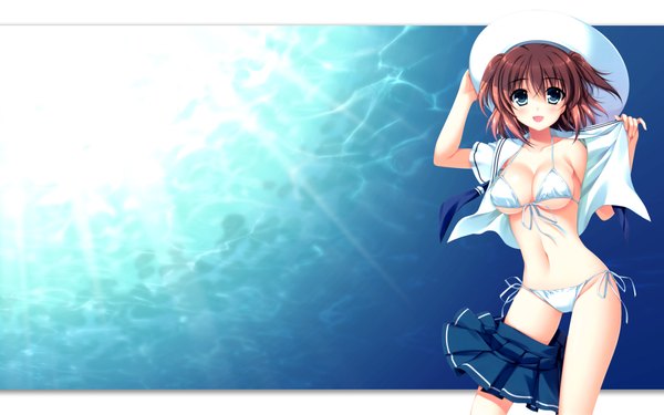 Anime picture 1920x1200 with highres blue eyes light erotic brown hair wide image open clothes girl swimsuit hat bikini white bikini