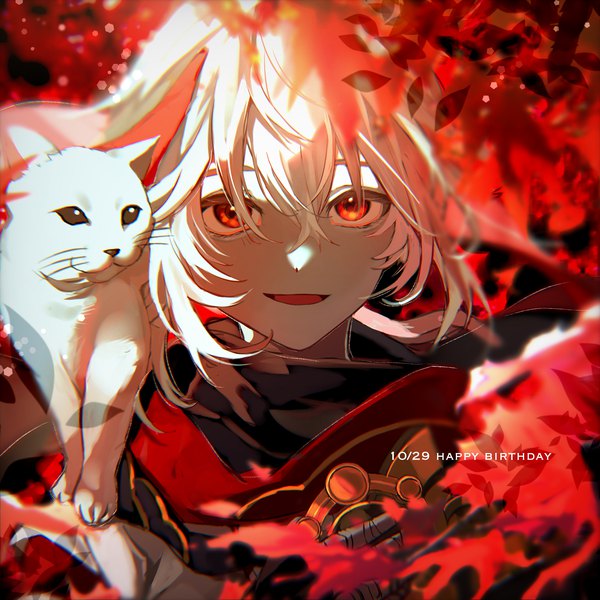 Anime picture 2048x2048 with genshin impact kaedehara kazuha mimonome single looking at viewer fringe highres short hair hair between eyes red eyes upper body white hair dated happy birthday boy animal cat