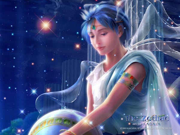 Anime-Bild 1600x1200 mit kagaya single short hair blue eyes bare shoulders blue hair realistic night sky ruins 3d zodiac aquarius (zodiac) girl bracelet star (stars) pillar column