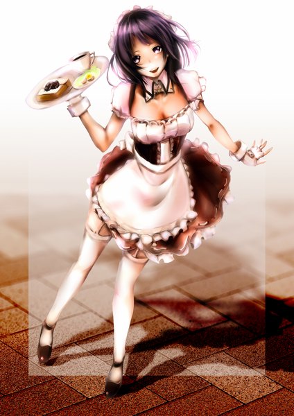 Anime picture 1357x1920 with original poker-face-008 single long hair tall image looking at viewer open mouth smile purple eyes cleavage purple hair maid girl thighhighs dress white thighhighs headdress fingerless gloves maid headdress garter straps