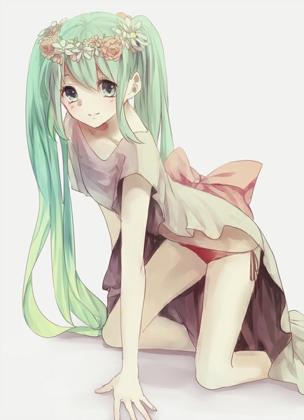 Anime picture 724x1000 with vocaloid hatsune miku nonoharak single long hair tall image looking at viewer blush light erotic simple background smile twintails hair flower aqua eyes aqua hair arm support kneeling pale skin girl dress