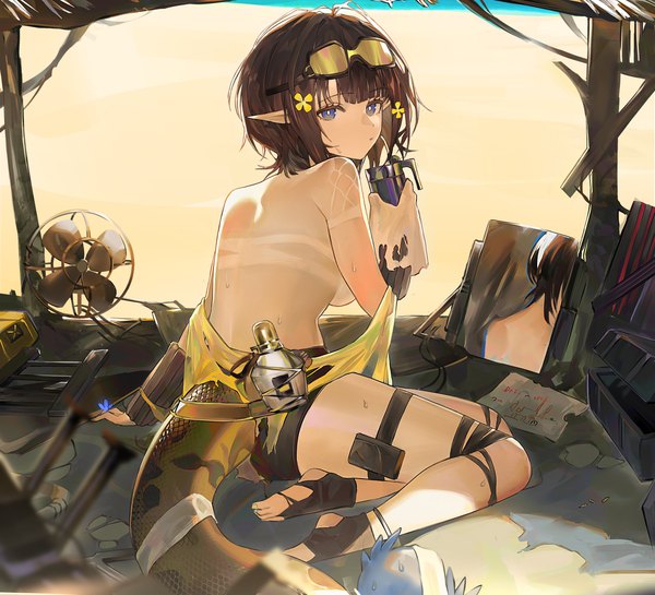 Anime picture 1362x1238 with arknights eunectes (arknights) koio single fringe short hair light erotic brown hair sitting purple eyes tail blunt bangs looking back sweat no shoes reflection topless yokozuwari goggles on head tan