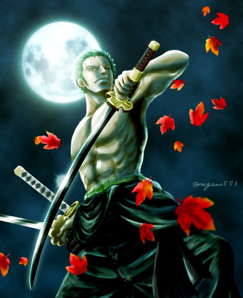 Anime picture 900x1100 with one piece toei animation roronoa zoro oregano551 single tall image looking at viewer short hair standing holding green eyes signed nipples outdoors one eye closed green hair night from below night sky scar