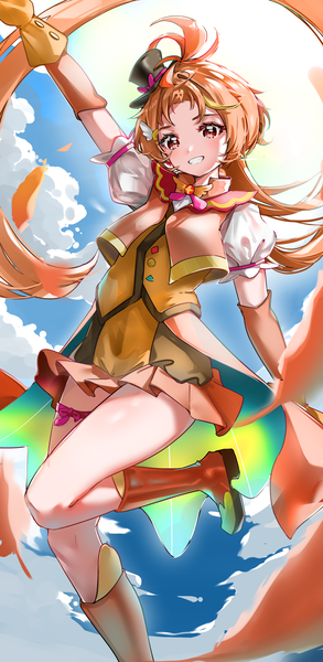 Anime picture 1854x3800 with precure hirogaru sky! precure toei animation yuunagi tsubasa cure wing scup single tall image looking at viewer highres smile red eyes sky cloud (clouds) bent knee (knees) very long hair orange hair puffy sleeves grin boy