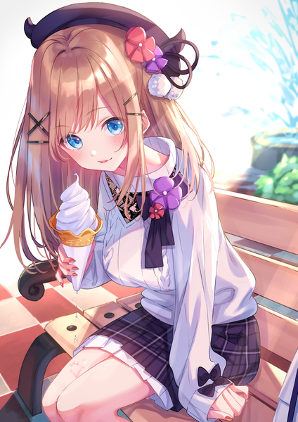 Anime picture 1239x1754 with virtual youtuber nijisanji suzuhara lulu tsukiman single long hair tall image looking at viewer blue eyes brown hair sitting outdoors nail polish arm support official alternate costume checkered floor floor red nail polish girl hair ornament