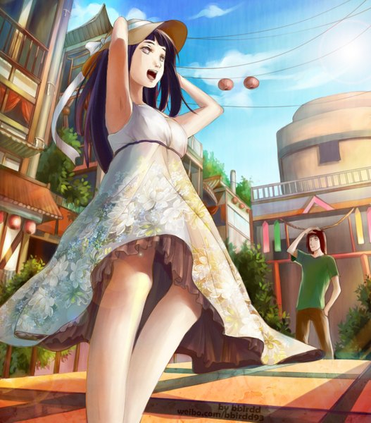 Anime picture 1200x1365 with naruto studio pierrot naruto (series) hyuuga hinata hyuuga neji bbirdd tall image open mouth black hair smile brown hair looking away looking up hand in pocket white eyes girl dress boy plant (plants) hat