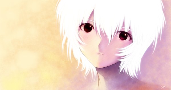 Anime picture 2750x1453 with neon genesis evangelion gainax ayanami rei kobayashi yuji single highres short hair simple background red eyes wide image white hair close-up girl