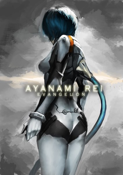 Anime picture 2480x3508 with neon genesis evangelion gainax ayanami rei shuyinnosi single tall image highres short hair breasts blue hair from behind back girl gloves bodysuit
