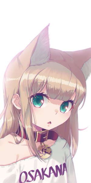 Anime picture 1000x2000 with original kinako (iyapan) 40hara single long hair tall image looking at viewer blush fringe open mouth simple background blonde hair white background green eyes animal ears upper body blunt bangs cat ears off shoulder :o