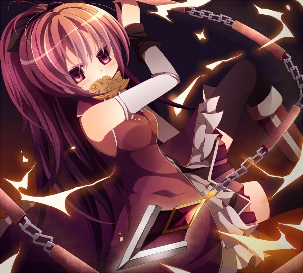 Anime picture 1200x1082 with mahou shoujo madoka magica shaft (studio) sakura kyouko rairateru single long hair red eyes ponytail red hair mouth hold girl weapon chain