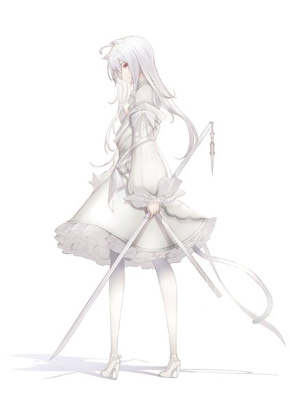 Anime picture 1308x1850 with original marumoru single long hair tall image fringe breasts simple background hair between eyes red eyes standing white background holding animal ears payot looking away full body ahoge white hair tail