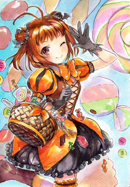 Anime picture 1865x2677 with kantai collection naka light cruiser 1044kiro single tall image looking at viewer blush highres short hair smile brown hair ahoge pink eyes halloween traditional media watercolor (medium) girl dress gloves black gloves
