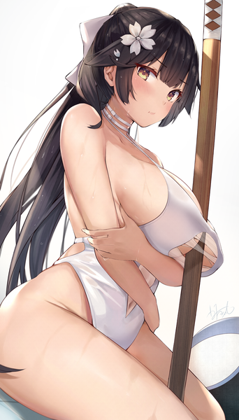 Anime picture 3120x5460 with azur lane takao (azur lane) takao (beach rhapsody) (azur lane) u ronnta single long hair tall image looking at viewer blush fringe highres breasts light erotic simple background hair between eyes large breasts white background sitting bare shoulders signed