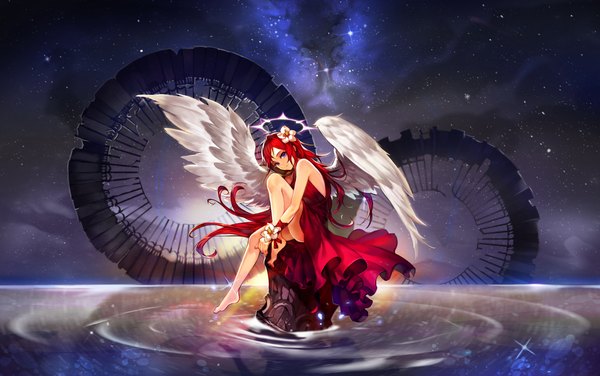 Anime picture 1500x940 with original elran (artist) single long hair looking at viewer fringe blue eyes light erotic smile sitting full body bent knee (knees) red hair barefoot hair flower night night sky floating hair reflection white wings