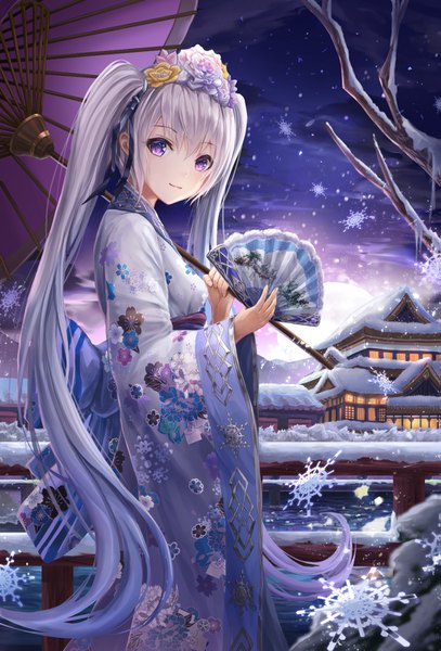 Anime picture 1087x1600 with original lunacle single tall image looking at viewer fringe hair between eyes purple eyes twintails sky silver hair outdoors very long hair traditional clothes japanese clothes hair flower light smile snowing winter snow