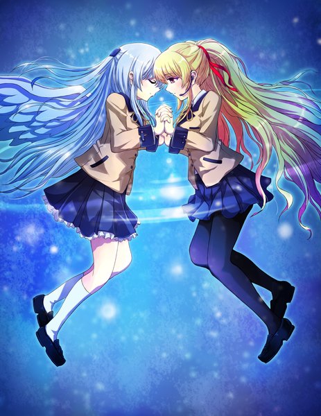 Anime picture 1700x2200 with angel beats! key (studio) tachibana kanade yusa (angel beats!) tazu long hair tall image blonde hair red eyes multiple girls blue hair eyes closed profile pleated skirt holding hands face to face girl skirt uniform ribbon (ribbons)