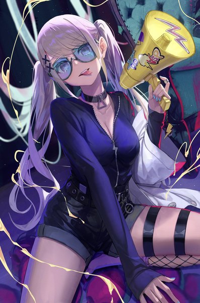 Anime picture 1536x2324 with virtual youtuber vspo! kaminari qpi shakkiyi single long hair tall image looking at viewer fringe breasts sitting purple eyes twintails holding payot cleavage silver hair long sleeves nail polish fingernails