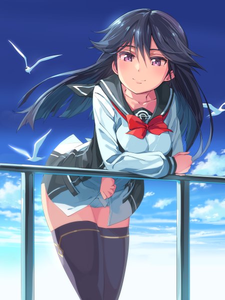 Anime picture 900x1200 with vividred operation kuroki rei michairu single long hair tall image looking at viewer blush black hair purple eyes sky cloud (clouds) wind leaning leaning forward girl thighhighs dress uniform animal