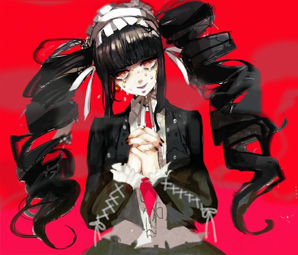 Anime picture 1103x945 with dangan ronpa celestia ludenberg sara (srsrmrmr) single long hair looking at viewer black hair red eyes twintails nail polish fingernails tears drill hair red background crying hands clasped black nail polish interlocked fingers girl ribbon (ribbons)