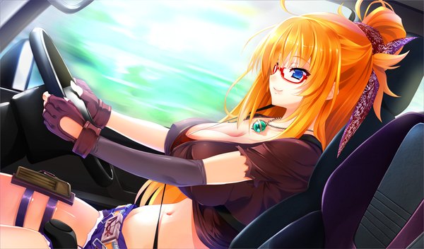 Anime picture 1700x1000 with shoujo shin'iki long hair breasts blue eyes light erotic blonde hair wide image large breasts game cg ponytail girl navel glasses shorts fingerless gloves ground vehicle car