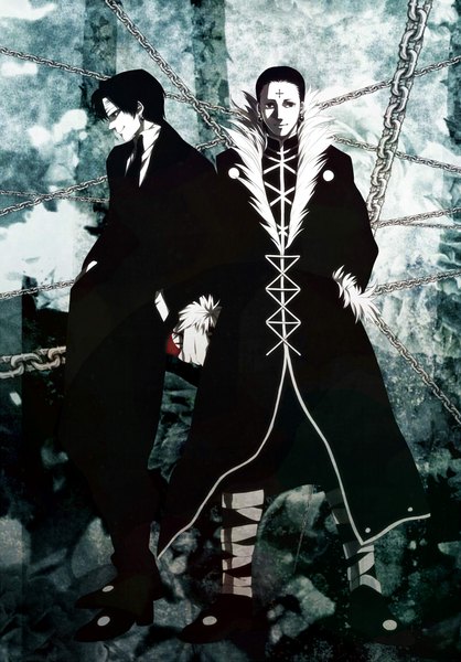 Anime picture 800x1147 with hunter x hunter chrollo lucilfer hakisutebox tall image looking at viewer short hair black hair smile standing full body profile multiple boys fur trim looking down monochrome hand in pocket dual persona forehead mark formal boy