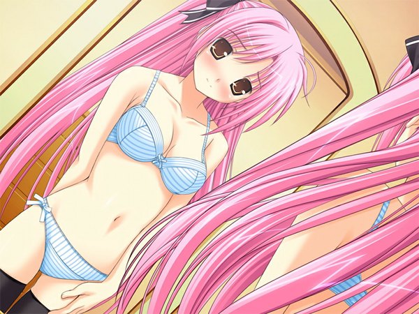 Anime picture 1024x768 with maikuro (game) long hair blush light erotic brown eyes pink hair game cg underwear only reflection girl underwear panties mirror